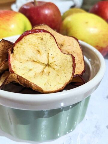 A bowl of air fryer apple crisps.